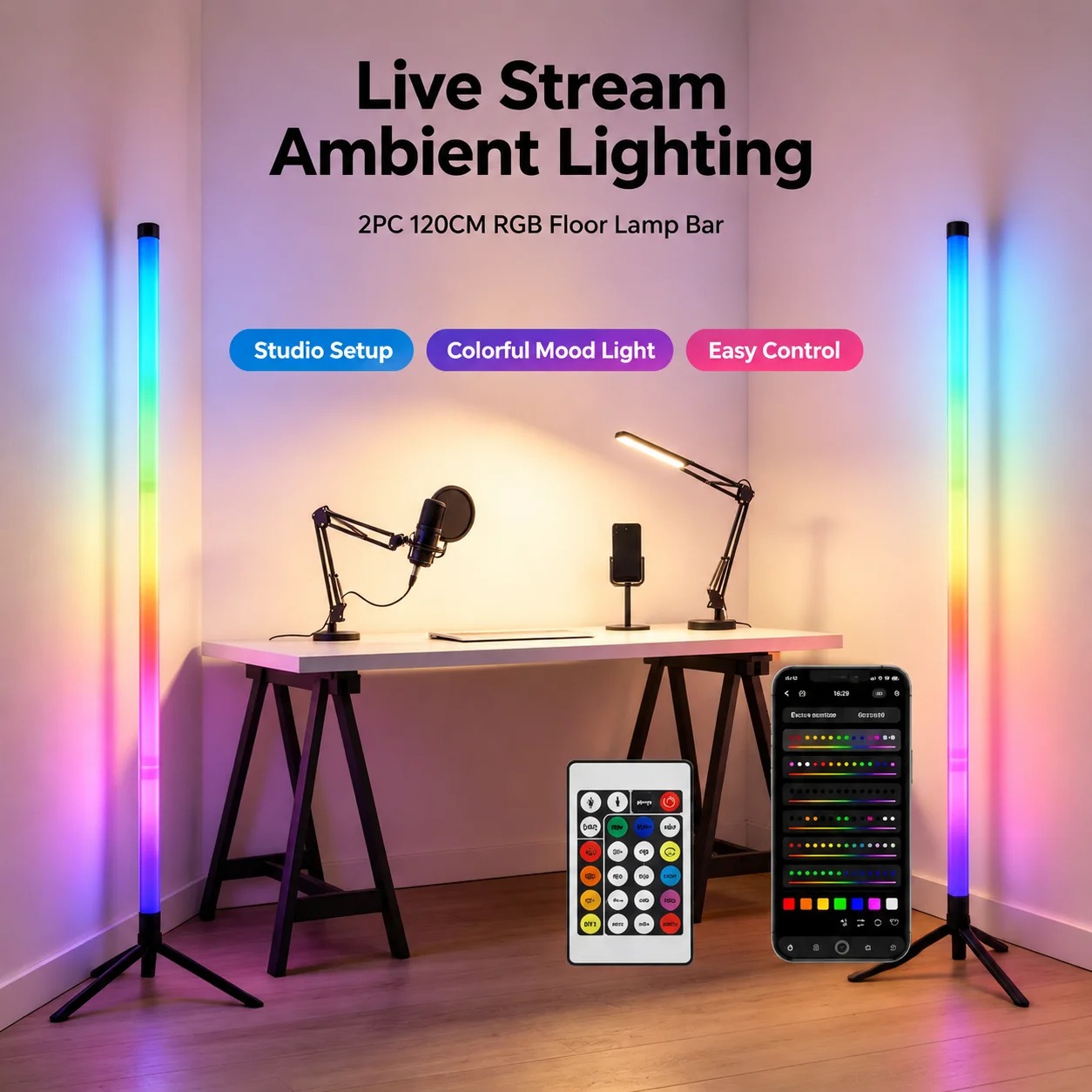 2PCS 120CM RGB Floor Lamp, Sou - Home Decor Lamp ulasan dan harga